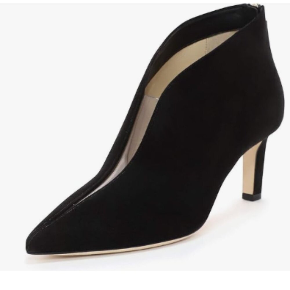 YDN Black Pointed Toe V Cut Ankle Booties Mid Heel Faux Suede PVC Zippers Boots